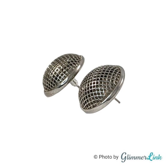 Geometric Silver Tone Round Mesh Windscreen Button Dome Post Earrings - Picture 3 of 8
